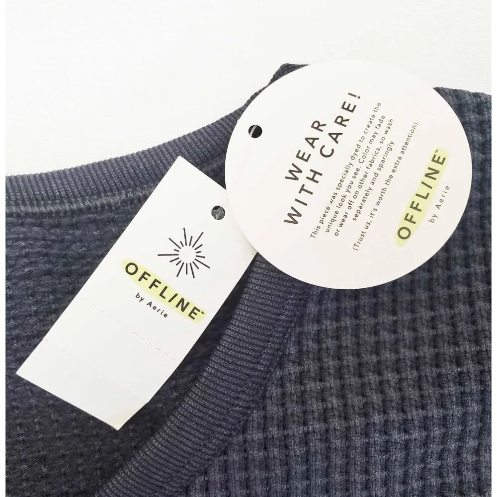 Aerie Womens Grey Offline Main Squeeze Waffle Weave Crop Top Henley Sweatshirt L